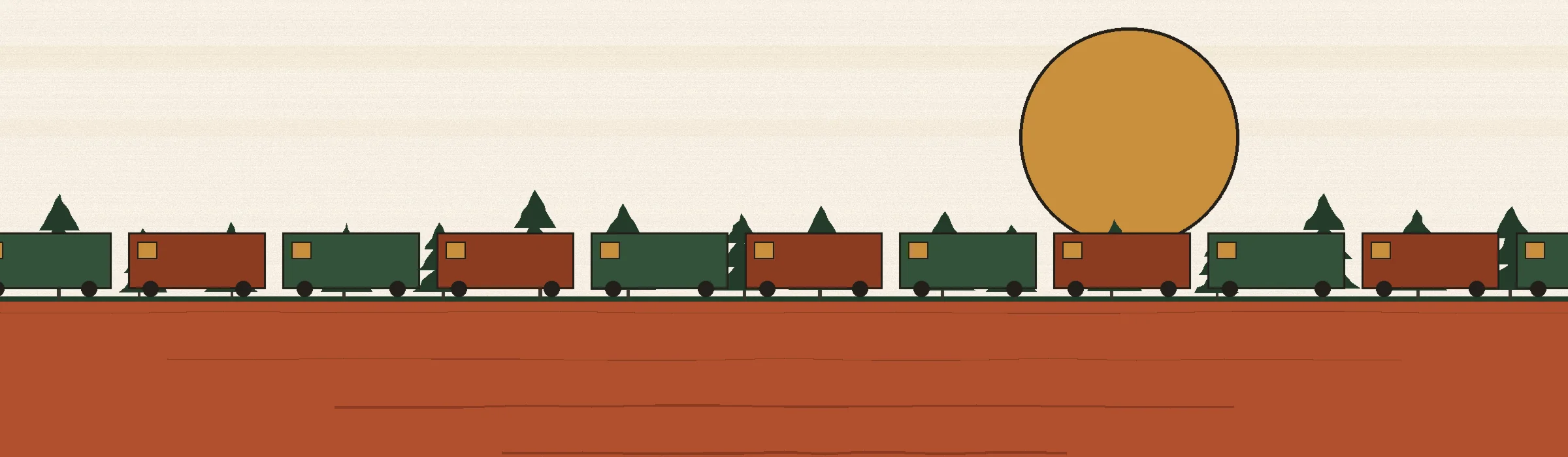Cut-paper style panorama of a freight train of clay and pine colored cars crossing a red-clay field under a very large ochre sun